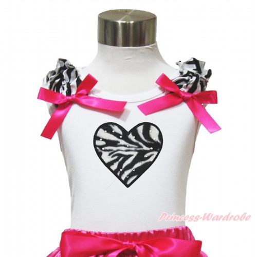 Zebra Heart White Tank Top with Zebra Ruffles and Hot Pink Bows TB125 