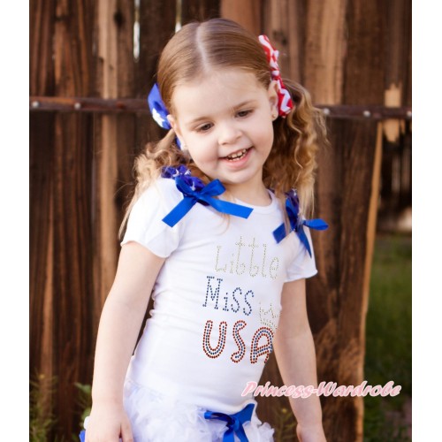 American's Birthday White Short Sleeves Top Patriotic American Stars Ruffles Royal Blue Bow & Rhinestone Little Miss USA Print TS61