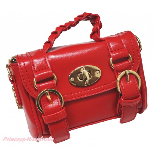 Gold Chain Hot Red Leather With Double Buckle Little Cute Petti Shoulder Bag With Strap CB182