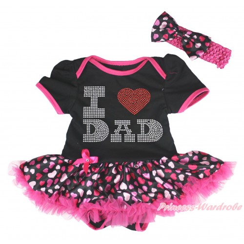 Black Baby Bodysuit Hot Pink Heart Pettiskirt & Sparkle Rhinestone I Love Dad Print JS4471
