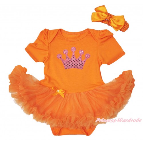 Queen's Day Orange Baby Bodysuit Pettiskirt & Sparkle Light Pink Crown Print JS4446