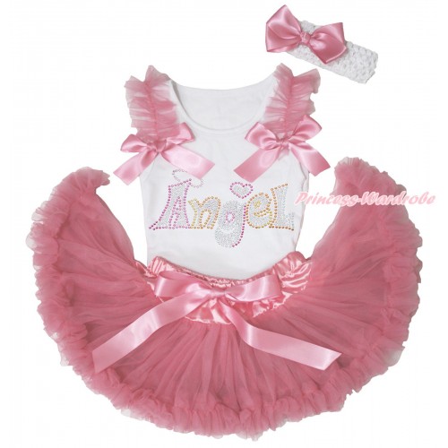 White Baby Pettitop Dusty Pink Ruffles & Bows & Sparkle Rhinestone Angel Print & Dusty Pink Newborn Pettiskirt NN280