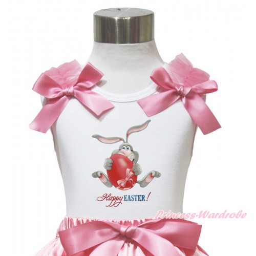 Easter White Tank Top Dusty Pink Ruffles & Bow & Grey Rabbit Painting TB1085