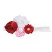 White Headband & Bunch Of  White Red Pink Vintage Garden Pearl Rosettes Flower H1022