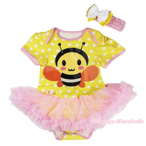 Yellow White Dots Baby Bodysuit Light Pink Pettiskirt & Bumble Bee Painting JS4510