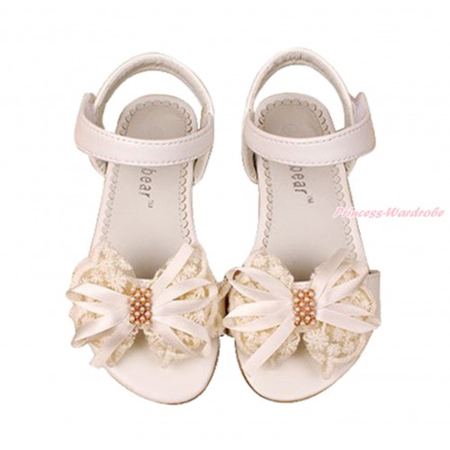 Cream White Lace Pearl Bow Flat Ankle Sandals L05-85CreamWhite