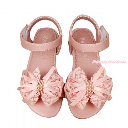 Light Pink Lace Pearl Bow Flat Ankle Sandals L05-85LightPink