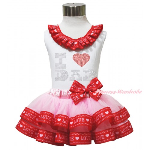 Father's Day White Tank Top Red LOVE Lacing & Sparkle Rhinestone I Love Dad Print & Light Pink Red LOVE Trimmed Pettiskirt MG1692