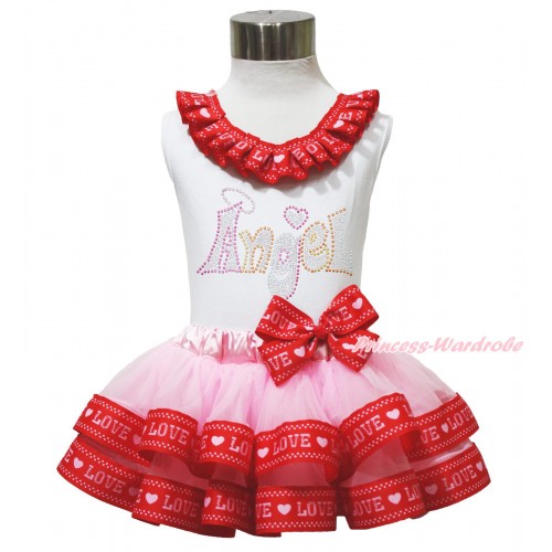 White Tank Top Red LOVE Lacing & Sparkle Rhinestone Angel Print & Light Pink Red LOVE Trimmed Pettiskirt MG1694