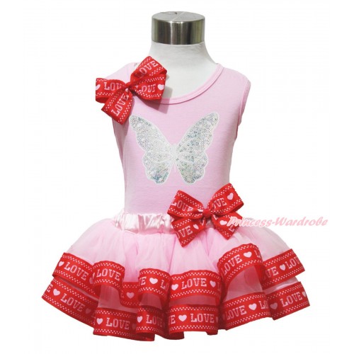 Light Pink Tank Top Red LOVE Bows & Sparkle White Butterfly Print & Light Pink Red LOVE Trimmed Pettiskirt MG1696