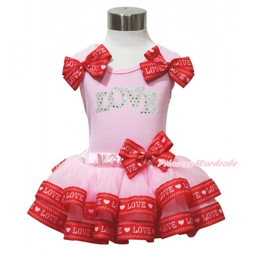 Valentine's Day Light Pink Tank Top Red LOVE Bows & Sparkle White LOVE Print & Light Pink Red LOVE Trimmed Pettiskirt MG1701