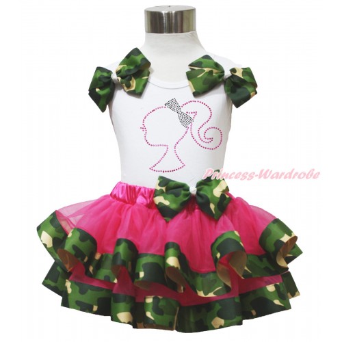 White Tank Top Camouflage Bows & Sparkle Rhinestone Barbie Princess Print & Hot Pink Camouflage Trimmed Pettiskirt MG1702