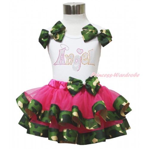 White Tank Top Camouflage Bows & Sparkle Rhinestone Angel Print & Hot Pink Camouflage Trimmed Pettiskirt MG1703