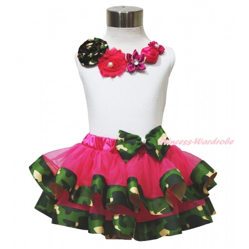 White Tank Top Camouflage Hot Pink Satin Pearl Flower Rosettes Lacing & Hot Pink Camouflage Trimmed Pettiskirt MG1705