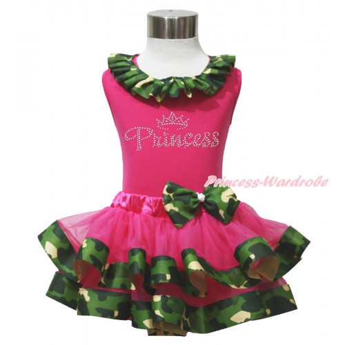 Hot Pink Tank Top Camouflage Lacing &  Sparkle Rhinestone Princess Print & Hot Pink Camouflage Trimmed Pettiskirt MG1716
