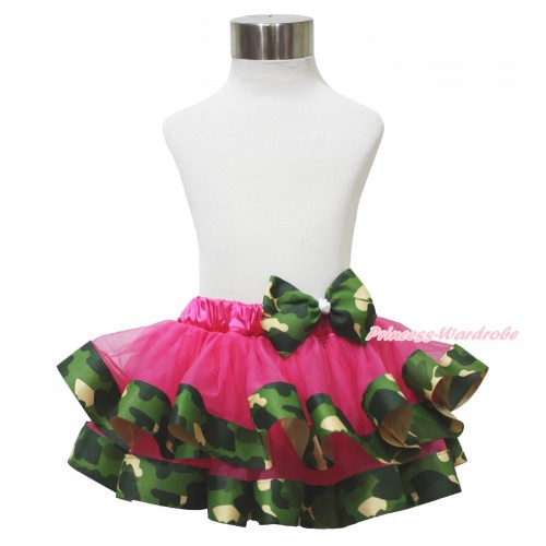Hot Pink & Camouflage Satin Trimmed Newborn Baby Pettiskirt & Camouflage Bow N255