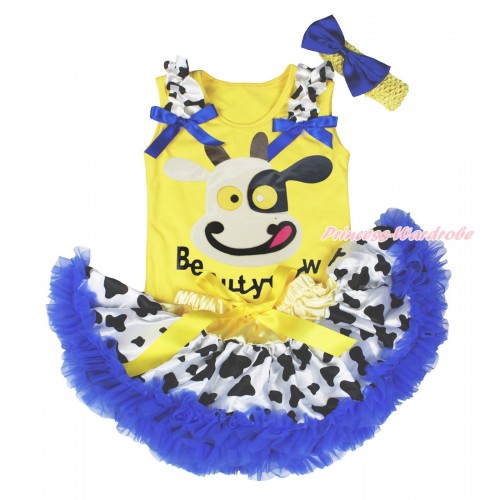Yellow Baby Pettitop Milk Cow Ruffles Royal Blue Bows & Beauty Cow Painting & Milk Cow Royal Blue Newborn Pettiskirt NG1716