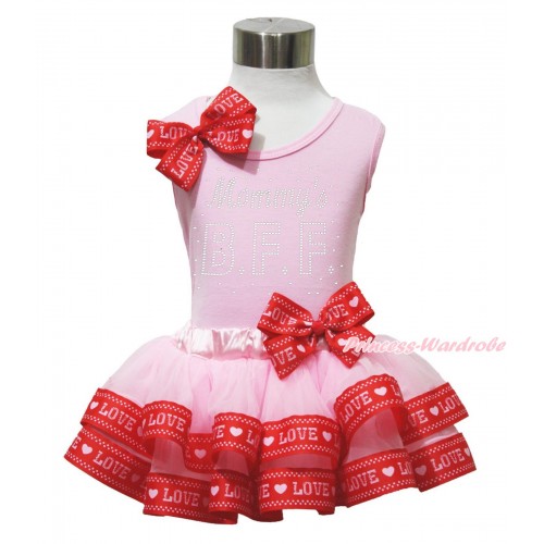 Mother's Day Light Pink Baby Pettitop Red LOVE Bow & Sparkle Rhinestone Mommy's BFF Print & Light Pink Red LOVE Trimmed Baby Pettiskirt NG1743