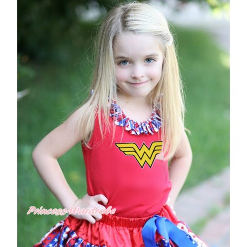 Red Tank Top Red White Blue Striped Star Lacing & Wonder Woman Print TB1165