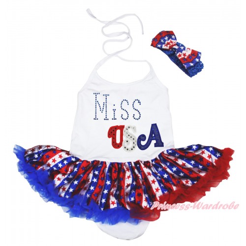 American's Birthday White Baby Halter Jumpsuit Red White Blue Striped Star Pettiskirt & Rhinestone Miss USA Print JS4450