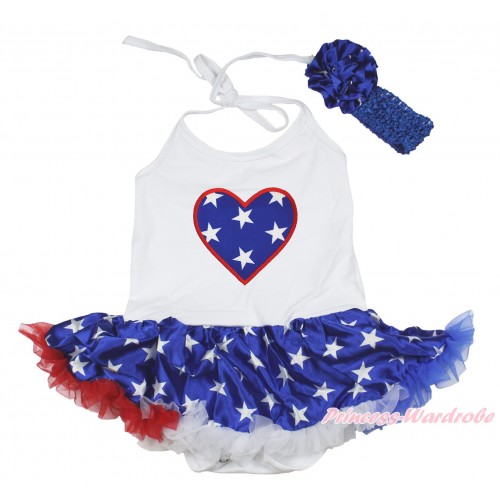 American's Birthday White Baby Halter Jumpsuit Patriotic American Star Pettiskirt & American Star Heart Print JS4477