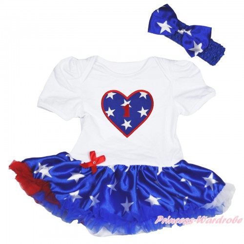 American's Birthday White Baby Bodysuit Patriotic American Star Pettiskirt & 1st Birthday Number American Star Heart JS4484