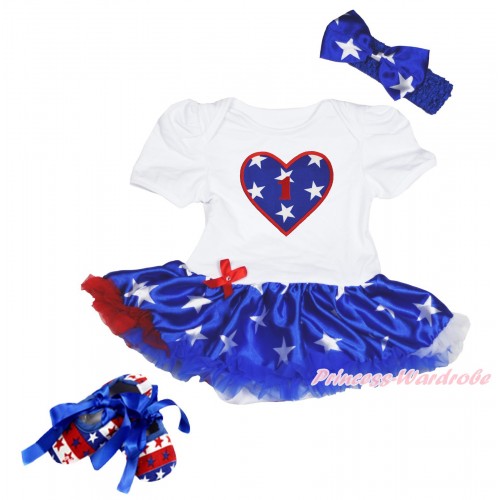 White Baby Bodysuit Patriotic American Star Pettiskirt & 1st Birthday Number American Star Heart & Royal Blue Headband Star Bow & Red White Blue Striped Star Shoes JS4488