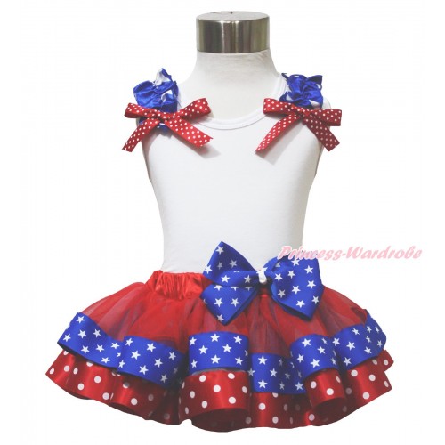 American's Birthday 4th July White Tank Top Star Ruffle Red White Dot Bow Red Minnie Royal Blue Patriotic Star Satin Trimmed Pettiskirt MG1642