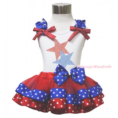 American's Birthday 4th July White Tank Top Star Ruffle Red White Dot Bow Sparkle Rhinestone Twin Star Red Minnie Blue Patriotic Star Satin Trimmed Pettiskirt MG1644