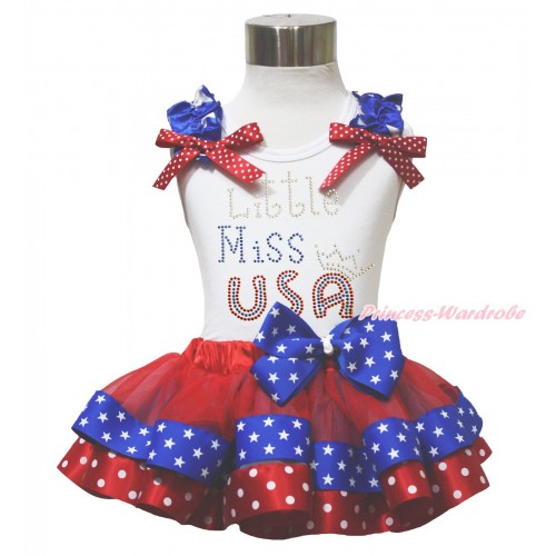 American's Birthday 4th July White Tank Top Star Ruffle Red White Dot Bow Sparkle Rhinestone Little Miss USA Red Minnie Blue Patriotic Star Satin Trimmed Pettiskirt MG1647