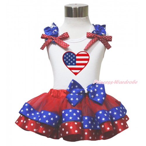 American's Birthday Heart 4th July White Tank Top Star Ruffle Red White Dot Bow Red Minnie Blue Patriotic Star Satin Trimmed Pettiskirt MG1648