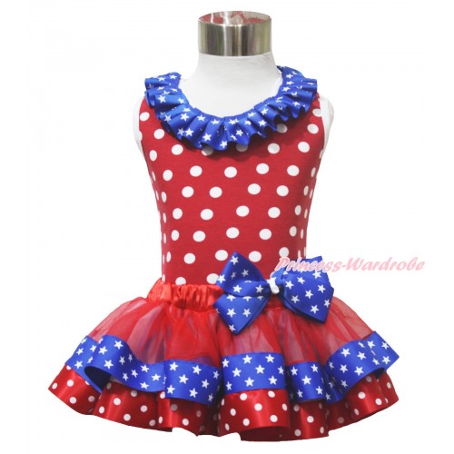 American's Birthday 4th July Red White Dot Baby Pettitop Star Lacing Red Minnie Blue Patriotic Star Satin Trimmed Baby Pettiskirt NN311