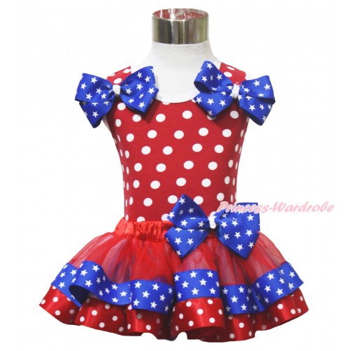 American's Birthday 4th July Red White Dot Baby Pettitop Star Twin Bows Red Minnie Blue Patriotic Star Satin Trimmed Baby Pettiskirt NN312