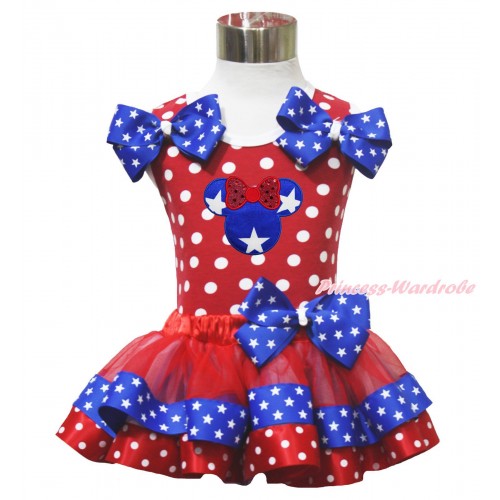 American's Birthday 4th July Red White Dot Baby Pettitop Star Twin Bows & Minnie Red Minnie Blue Patriotic Star Satin Trimmed Baby Pettiskirt NN315