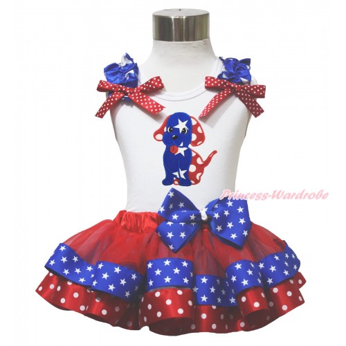 American's Birthday 4th July White Baby Pettitop Star Ruffle Red White Dot Bow Dog Puppy Red Minnie Blue Patriotic Star Satin Trimmed Baby Pettiskirt NN326