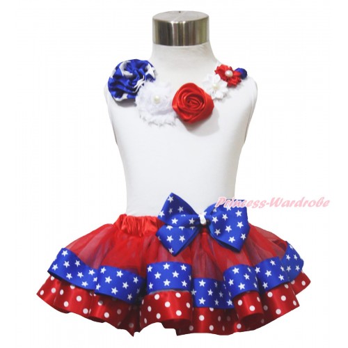 American's Birthday 4th July White Baby Pettitop Star Satin Pearl Flower Rosettes Lacing Red Minnie Blue Patriotic Star Satin Trimmed Baby Pettiskirt NN329