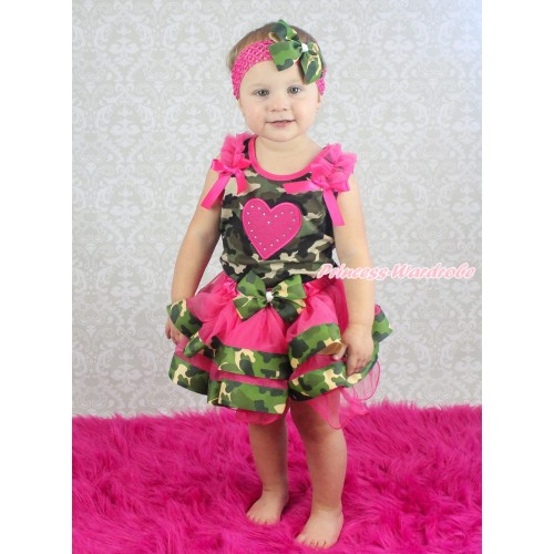 Valentine's Day Camouflage Tank Top Hot Pink Ruffles & Bow & Hot Pink Heart Print & Hot Pink Camouflage Trimmed Pettiskirt MG1663