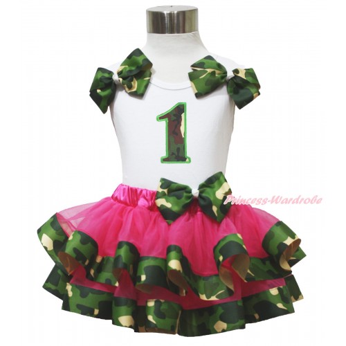 White Baby Pettitop Twin Camouflage Bows & Birthday 1ST & Hot Pink Camouflage Trimmed Baby Pettiskirt NG1695
