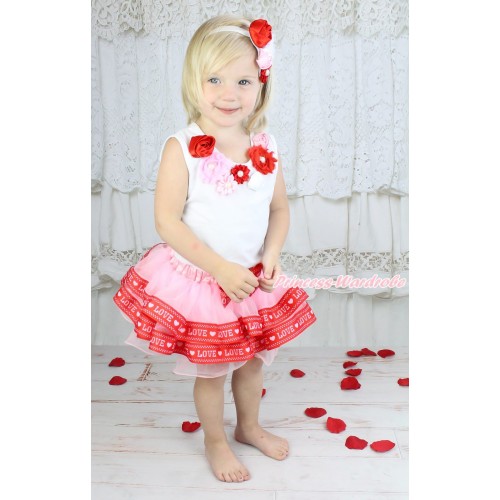 White Tank Top Red Pink White Satin Pearl Flower Rosettes Lacing & Light Pink Red LOVE Trimmed Pettiskirt MG1676