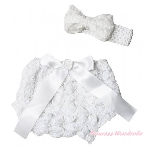 White Romantic Rose Panties Bloomers & Rose Bow & Headband Rosettes Bow BC199