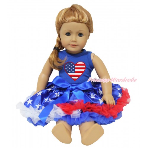 American's Birthday Royal Blue Tank Top Patriotic American Heart Print & American Star Pettiskirt American Girl Doll Outfit DO082