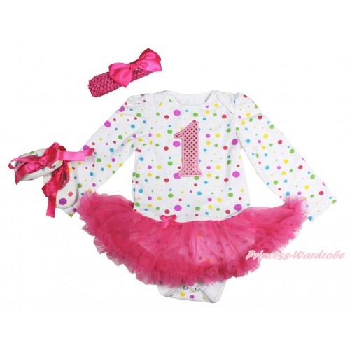 White Rainbow Dots Long Sleeve Baby Bodysuit Hot Pink Pettiskirt & 1st Sparkle Light Pink Birthday Number Print & Hot Pink Headband Bow & Shoes JS3179 