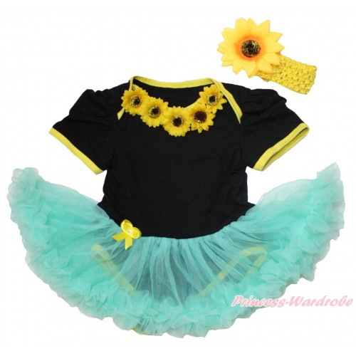 Summer Black Baby Bodysuit Aqua Blue Pettiskirt & Summer Sunflowers Lacing JS4565