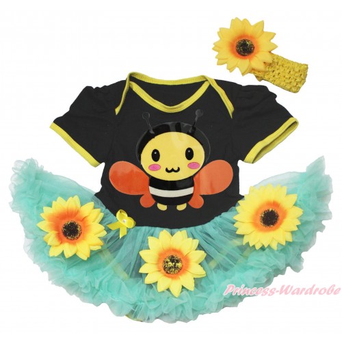 Black Baby Bodysuit Summer Sunflower Aqua Blue Pettiskirt & Bumble Bee Print JS4569