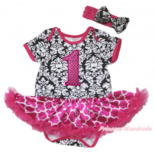 Damask Baby Bodysuit Hot Pink White Quatrefoil Clover Pettiskirt & 1st Sparkle Hot Pink Birthday Number Print JS4582