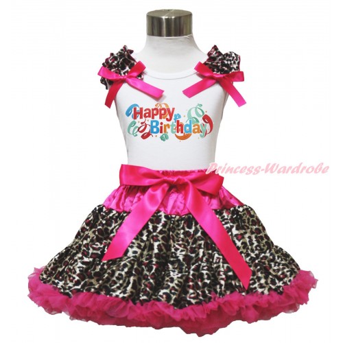 White Tank Top Hot Pink Leopard Ruffles Hot Pink Bows & Happy Birthday Painting & Hot Pink Leopard Pettiskirt MG1588