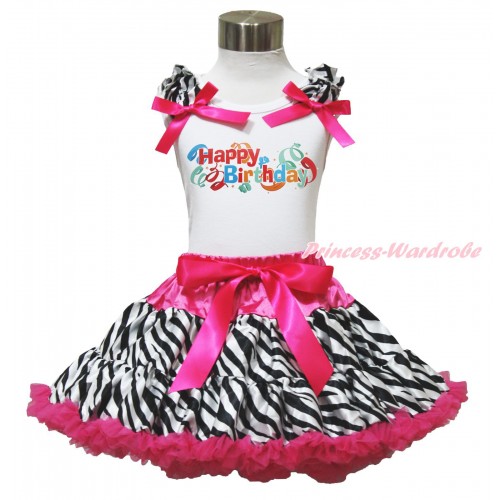 White Tank Top Zebra Ruffles Hot Pink Bows & Happy Birthday Painting & Hot Pink Zebra Pettiskirt MG1597