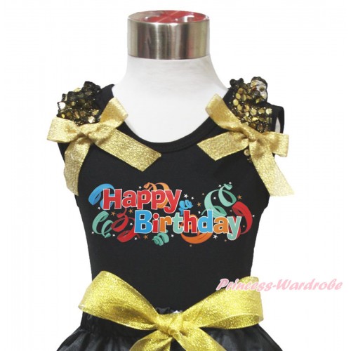 Black Tank Top Gold Sequins Ruffles Sparkle Gold Bow & Happy Birthday Painting Print TB1079