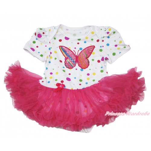 White Rainbow Dots Baby Jumpsuit Hot Pink Pettiskirt with Rainbow Butterfly Print JS108 