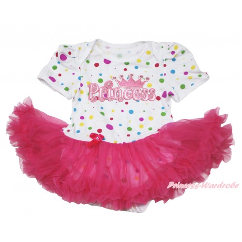 White Rainbow Dots Baby Jumpsuit Hot Pink Pettiskirt with Princess Print JS109 